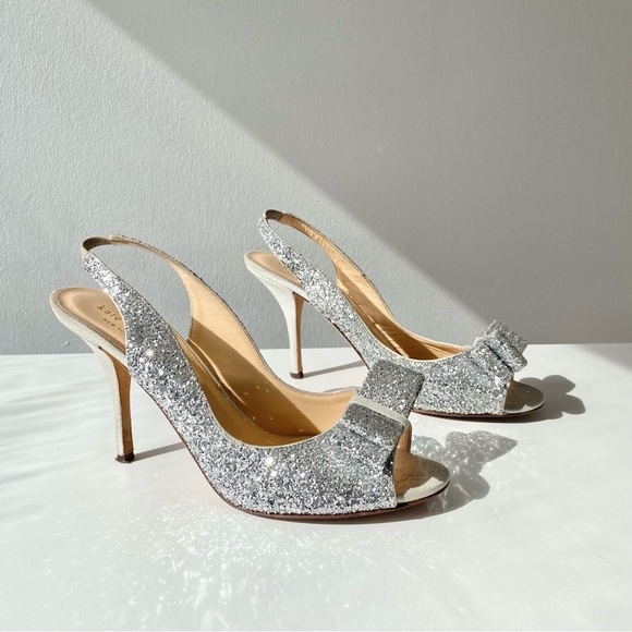 kate spade Sparkly Glitter Bow Slingback Silver Metallic Girlie Feminine Heels - Picture 1 of 17
